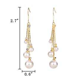 EleQueen Women's Gold-tone Crystal Simulated Pearl 4 Chain Bridal Long Dangle Hook Earrings Ivory Color