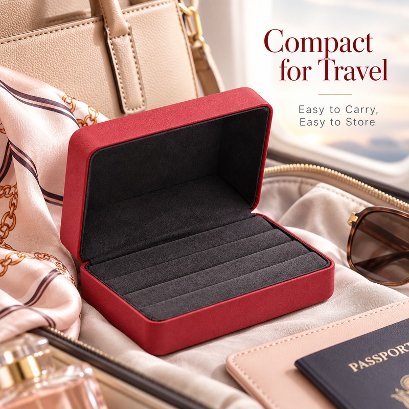 Red PU Leather Ring Jewelry Box – Velvet-Lined Multi-Ring Organizer