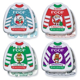 4E's Novelty Christmas Poop Mint Candy 4 Pack in Ugly Sweater Tins, Funny Christmas Candy, Stocking Stuffers for Men & Women KidsFun Breath Candy Mints, Unique Christmas Stocking Stuffers