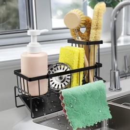 Suofuolef Sink Organiser, Black Stainless Steel Kitchen Towel Holder, Sponge Holder Organiser, Sink Caddy Organiser
