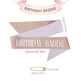 Birthday Baddie Sash, Glitter Birthday Sash with Safety Pin Ideal Baddie Decoration Accessories and Party Favors for Women and Men(Rose Gold)