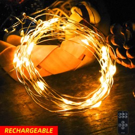 BLUEYE 16FT 100LEDs Rechargeable Fairy Lights,Remote Control,3 Off Timers,Detachable Battery Operated,Tangle-Free Camping String Light,Twinkle for Christmas,Party,Wedding(Cool+Warm White,1Pack)