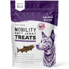 Chew + Heal Labs Dog Salmon Jerky Treats for Hip and Joint - 5 oz of Mobility Soft Dog Jerky Treats - Made with Alaskan Salmon, Turmeric, Glucosamine, Chondroitin, Green Lipped Mussel, and More