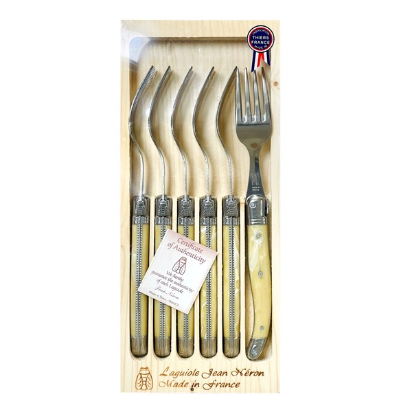 Jean Neron Laguiole Set of 6 Table Forks in Wooden Box | Made in France Stainless Steel | ABS (Thermoplastic) Handle (White Horn) (10101)