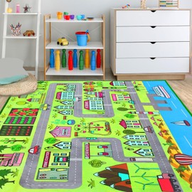 Large Kids Carpet Play Mat Rug for Playroom, 60'' x 84'’ Car Rugs Mat for Kids Toy Cars, City Life with Road Traffic Playmat Rugs Great for Kids Bedroom Play Room Boy Room Decor, Green