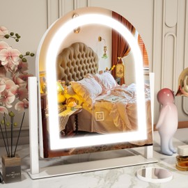 ROLOVE Lighted Makeup Mirror with 3-Color Dimmable Lighting, with Removable 10x Magnifier, Smart Touch Control, 360° Rotation, 15" x 13" Hollywood Vanity Mirror for Tabletop or Desk (White)