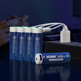 XTAR USB-C Rechargeable AA Batteries 1.5V, 4100mWh 2450mAh, 4-Pack - Fast Charge in 2.7 Hours, Safe for Devices, Eco-Friendly Alternative to Disposable Batteries
