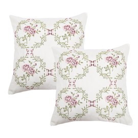 BYTIDE Floral Embroidered Canvas Throw Pillow Covers 26"x 26" Set of 2, Farmhouse Decorative Cottage Pattern, Shabby Chic Vintage Euro Cushion Case for Sofa Couch Bedroom, Rose-Light Pink
