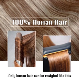 Benehair Clip in Hair Extensions Real Human Hair Bayalage Brown with Blonde Highlights 3/4 Full Head 5 Clips 1 Piece Hair Clip in for Women with Thinning Hair(#12P613 Golden Brown&Bleach Blonde, 18〃)