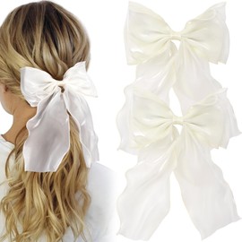 Alpinleux 2 Pcs French White Bows for Hair, Silk Yarn Ribbon Elegant White Hair Bow, Big Hair Bows, Hair Ribbons for Women, Festival, Wedding, Party