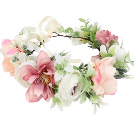HuaLiSiJi Flower Wreath Hair Pink, Hair Wreath, Boho Flower Wreath, Rose Floral, Beautifully Crafted Flower Crown, Individually Adjustable with a Ribbon (White-1)