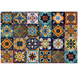 24 Pcs Tile Stickers, Waterproof Moroccan Style Peel and Stick Backsplash, Retro DIY Decor Wall Decal Stickers for Kitchen, Bathroom, Table, Staircase, Floor (ET270, 4 * 4")