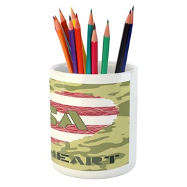 Lunarable National Pencil Pen Holder, Heart Shaped American Flag and Grunge Style Illustration Patriotic Art, Printed Ceramic Pencil Pen Holder for Desk Office Accessory, Sage Green and Khaki