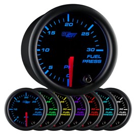 GlowShift Black 7 Color 30 PSI Fuel Pressure Gauge Kit - Includes Electronic Sensor - Black Dial - Clear Lens - for Diesel Trucks - 2-1/16" 52mm