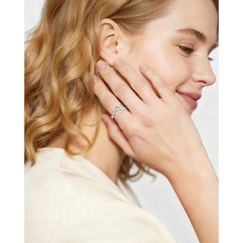 Desnuage Silver Flower Rings Stackable and Adjustable Thin Wrap Rings