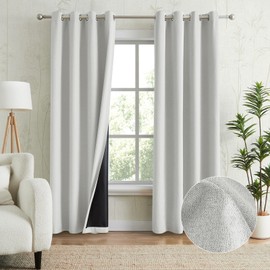 Melodieux 100% Blackout Linen Textrued Curtains for Living Room, Full Light Blocking Thermal Insulated Grommet Curtain Drapes with Black Back for Bedroom, 52 x 84 Inch, Greyish White (2 Panels)