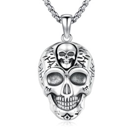 REDSUN Skull Necklace 925 Sterling Silver Skull Pendant Necklace Chain Skull Goth Jewellery Gifts for Men and Women, Sterling Silver, No gems