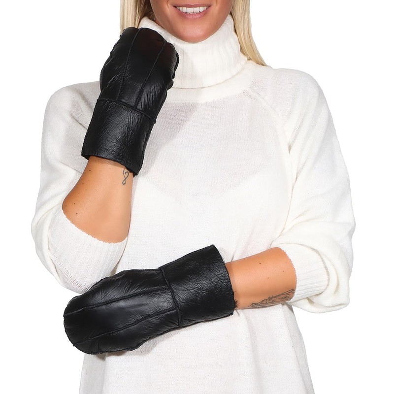 Harrys-Collection Women's Patchwork Lambskin Mittens, black