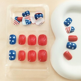 4th of July Press on Nails Short Square Fake Nails Independence Day Flag Star Cute Red Blue White French Tips Patriotic Nails Design Glossy False Nails Press ons Red Full Cover Stick on Nails 24 Pcs