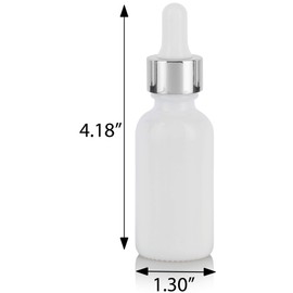 1 oz Opal White Glass Boston Round Bottle with Silver Metal and Glass Dropper (12 pack) + Funnel | Refillable Empty Storage Containers