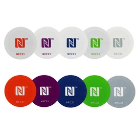 NFC Tag sticker 30 mm, 180 + 540 byte, 100% compatible, 10 pieces printed, optimal for contact data/device/profile control (Wlan, Bluetooth, SMS, telephone call via NFC)