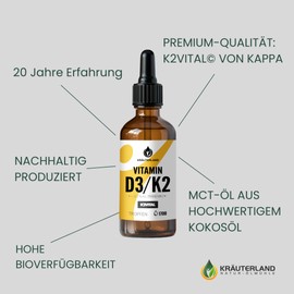 Kräuterland Vitamin D3 + K2 (50 ml) - Original K2VITAL® 99.7% all-trans - 1000 IU Vitamin D3 per Drop (1700 Drops with Vitamin D + Vitamin K) - Highly Bioavailable - High Dose