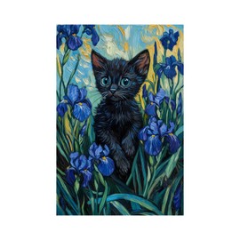 Korrazi Metal Sign Black Cat Wall Art Van Gogh Irises Inspired Vintage Print Cute Cat in Iris Garden Painting for Room, Bedroom, Living Room, Bathroom Decor Aesthetic