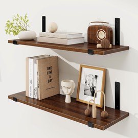 Fun Memories Deep Floating Shelves for Wall, 24" W x 8" D Wall Mounted Shelves Set of 2, Wide Display & Storage Shelves with Sturdy Metal Brackets for Bathroom, Kitchen, and Living Room, Walnut