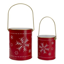 Set of 2 Red and Gold Metal Snowflake Candle Lanterns Christmas Decoration