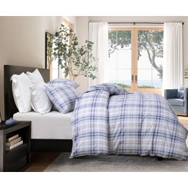 SLEEPBELLA Blue White Plaid Duvet Cover Set, 100% Cotton Bedding, Buffalo Check Gingham Plaid Geometric Checker Pattern, with Button Closure (2pcs, Twin Size)