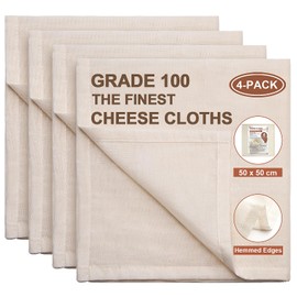 eFond 4-Pack Cheese Cloths for Straining, 50x50cm Squares with Hemmed Edges, Grade 100 Ultra Fine Reusable Muslin Cloths, Unbleached Cotton Cheesecloth for Nut Milk, Butter, Baking & Cooking