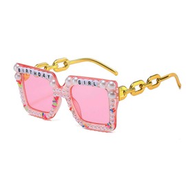 ZEBSF Happy Birthday Girl Sunglasses for Women and Girls, Square Cute Pink Party Glasses for Birthday Gift Accessories