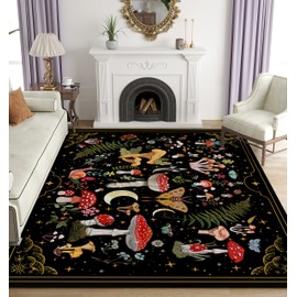 Mushroom Moth Area Rugs for Living Room Dining Room Bedroom Farmhouse, Non-Slip Machine Washable Black Living Room Rug Carpet 5'x7', Witchy Living Room Decor Aesthetic
