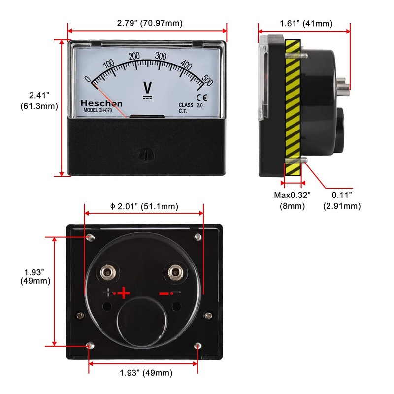 Heschen Voltmeter Rectangle Analog Display Volt Voltmeter 670 Style DC