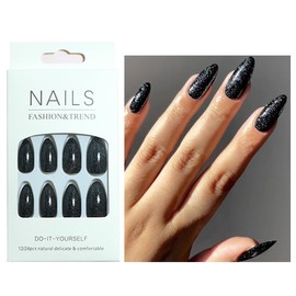 Black Press on Nails Almond Black Glitter Fake Nails Medium Shimmer Glue On Nails False Nails with Design Reusable Stick On Nails in 12 Sizes 24Pcs Nail Kit (Handmade)
