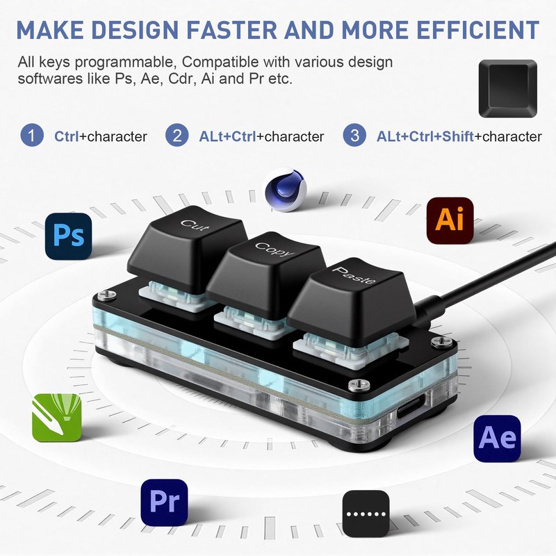 Mini 3-Key Copy Paste Programmable Keyboard Hotswappable Mechanical Switch