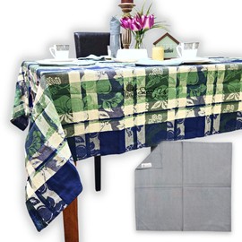 Sweet Us Berry Blossom Plaid Floral Vine Jacquard Cotton Tablecloth and One Gray Napkin, Floral Kitchen Dining Table Cloth, Table Cover for Indoor and Outdoors, Minty Meadow, 60 x 90 in