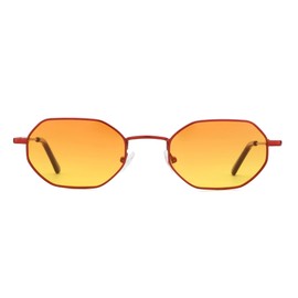 ZENOTTIC Mini Cool Octagonal Sunglasses Women Men Polarised Metal Frame Vintage, Red Frame/Orange Lens