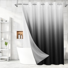MitoVilla No Hooks Needed Black Ombre Waffle Shower Curtain Liner Set, Modern Waffle Weave Heavy Duty Fabric Cloth Shower Curtain with Snap-in Liner for Luxury Neutral Hotel Spa Bathroom Decor