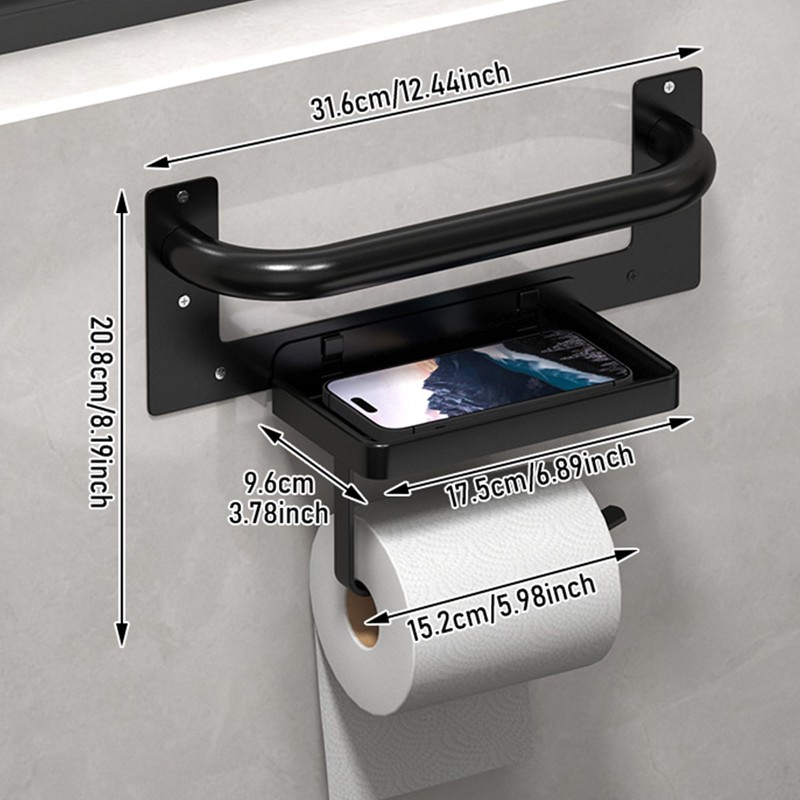 Toilet Paper Holder with Assist Bar - Matte Black Bathroom