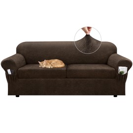 Pfrstuv Sofa Slipcover with Armrest Pockets 3-Piece Set, Stretch Faux Leather Couch Cover for 2-Cushion Couches(Fits 72-92") - Non-Slip, Machine Washable, Pet & Kid Friendly - Brown