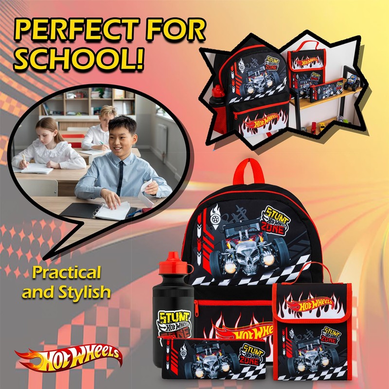 Hot Wheels Kids Backpack 4 Piece School Set Including Lunch
