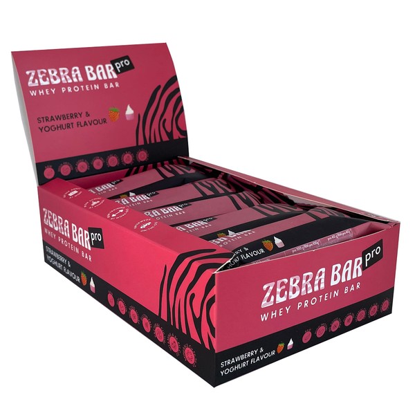 Zebra Bar Pro Strawberry & Yoghurt Flavour, Whey Protein Bar, No Added Sugar, Bacterial Culture, Gluten Free, 15 x 40 g