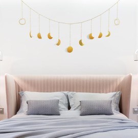 SwirlColor Moon Phase Wall Decoration, Gold Shiny Metal Moon Phases Garland, Boho Wall Decor, Aesthetic Wall Hanging Decoration for Bedroom, Living Room, Children's Room