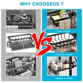 HENGBIRD Organizer für die Küchenspüle, Edelstahl Seife Spülbecken Organizer Schwammhalter Handtuchhalter Spüle Organizer mit Haken für Küche und Badezimmer Schwarz