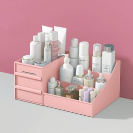 Makeup Organizer for Vanity, Large Countertop Organizer with 2 Drawers, Cosmetics Storage for Skin Care, Brushes, Eyeshadow, Lotions, Lipstick,Nail Polish.Great for Dresser, Bathroom, Bedroom.Pink