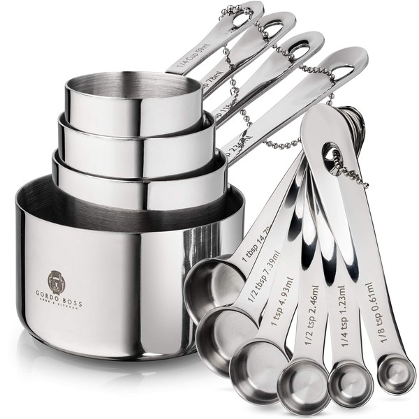 Stainless Steel Measuring Cups And Spoons Set - Heavy Duty, Metal Kitchen Measuring Set For Cooking And Baking Food For Dry Ingredients - Stackable Nesting Measuring Cups - Gordo Boss Measuring Spoons
