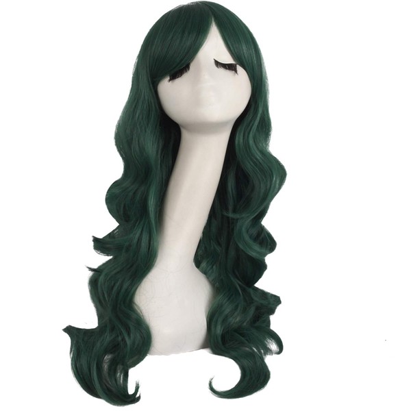 MapofBeauty 28 Inch/70cm Charming Women Side Bangs Long Curly Full Hair Synthetic Wig (Pine Green)