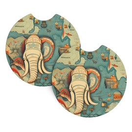 Car coasters 2 pack stylish boho map elephant Printing Durable and Stylish| Waterproof, Anti-slip | Practical car accessories
