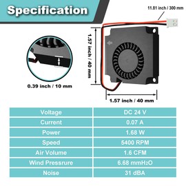 JYUDAUFU 4 Pcs 40×10mm Blower Cooling Fan 4010 DC 24V Dual Ball Bearing Cooler with XH2.54 2-pin Port with M3×20 Screw Nut, 1 to 2 Extension Cord, for 3D Printer/CPU/PC/Robet/DIY